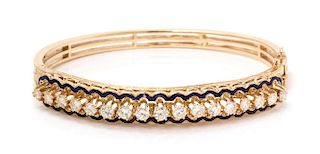 A Yellow Gold, Diamond and Enamel Bangle Bracelet, 19.10 dwts.