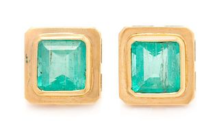 A Pair of Yellow Gold and Emerald Stud Earrings, 4.50 dwts.