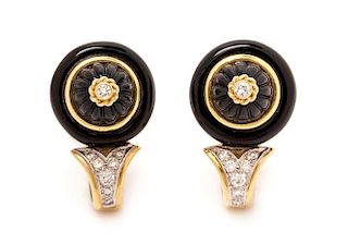 A Pair of 18 Karat Yellow Gold, Onyx and Diamond Earclips, R. Stone, 13.60 dwts.
