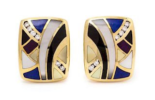 A Pair of 14 Karat Yellow Gold, Diamond, Lapis Lazuli, Onyx, Sugilite, and Mother-of-Pearl Earclips, Asch Grossbardt, 8.40 dw