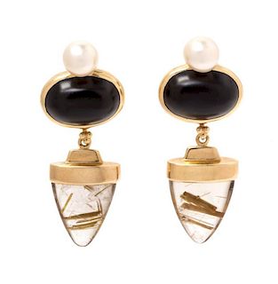 A Pair of 14 Karat Yellow Gold, Cultured Pearl, Onyx, and Tourmalated Quartz Convertible Earrings, 12.40 dwts.