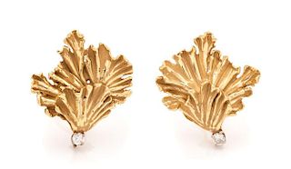 A Pair of 18 Karat Yellow Gold and Diamond Earclips, Erwin Pearl, 8.70 dwts.