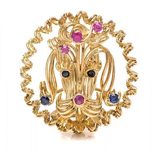 A 14 Karat Yellow Gold, Ruby and Sapphire Dog Brooch, 10.10 dwts.