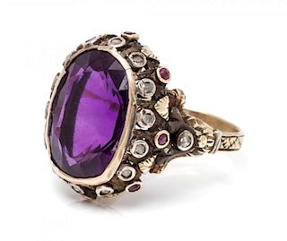 A Victorian Silver Topped Gold, Amethyst, Diamond, and Ruby Ring, 5.26 dwts.