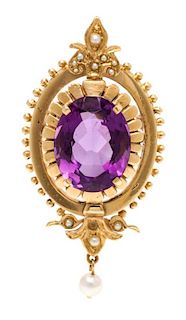 A Yellow Gold, Amethyst and Cultured Pearl Pendant/Brooch, 9.40 dwts.