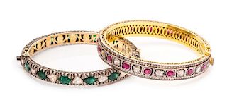 A Collection of Silver, Gold, Foil-Backed Diamond, Diamond, and Gemstone Bangle Bracelets, Indian, 66.00 dwts.