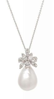 A Platinum, Cultured Pearl, and Diamond Pendant, 5.70 dwts.