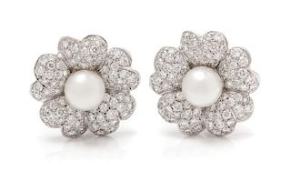 A Pair of 18 Karat White Gold, Cultured Pearl and Diamond Earrings, 13.20 dwts.