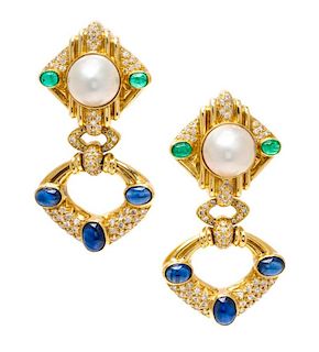 A Pair of 18 Karat Yellow Gold, Diamond, Sapphire, Emerald and Mabe Pearl Earclips, 31.90 dwts.