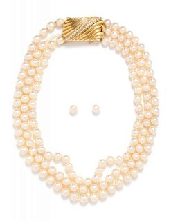 An 18 Karat Yellow Gold, Diamond and Triple Strand Cultured Pearl Necklace,