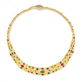 An 18 Karat Yellow Gold, Emerald, Ruby, and Sapphire Collar Necklace, 40.10 dwts