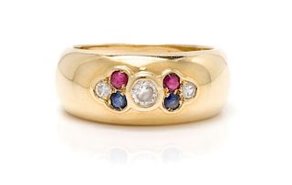 An 18 Karat Yellow Gold, Diamond, Sapphire and Ruby Ring, 5.00 dwts.