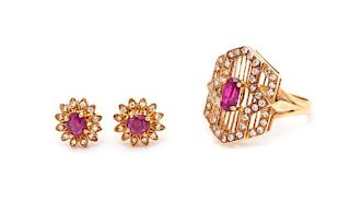A Collection of 14 Karat Yellow Gold, Ruby and Diamond Jewelry, 4.30 dwts.