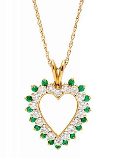 A Yellow Gold, Diamond, and Emerald Heart Shape Pendant, 3.20 dwts.