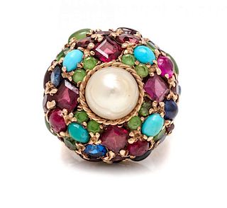A 14 Karat Yellow Gold and Multigem Dome Ring, 9.60 dwts.