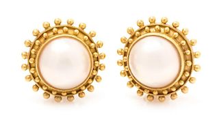 A Pair of 18 Karat Yellow Gold and Mabe Pearl Earclips, Elizabeth Locke, 15.90 dwts.