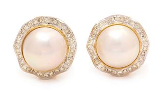 A Pair of 18K Yellow and White Gold, Mabe Pearl and Diamond Earclips, 11.10 dwts.