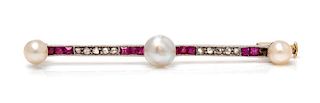 A Platinum Topped Gold, Pearl, Diamond and Ruby Bar Brooch, 2.30 dwts.