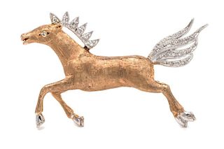 A 14 Karat Bicolor Gold and Diamond Horse Brooch, 6.90 dwts.