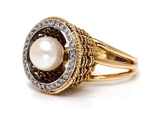 An 18 Karat Yellow Gold, Cultured Pearl and Diamond Basketweave Ring, 7.80 dwts.