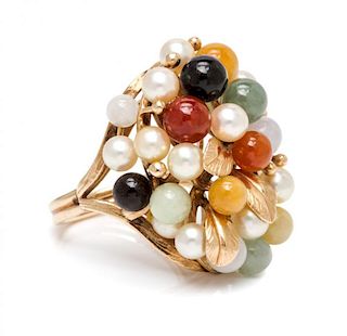 A 14 Karat Yellow Gold, Cultured Pearl and Multicolored Jade Cocktail Ring, Ming's,