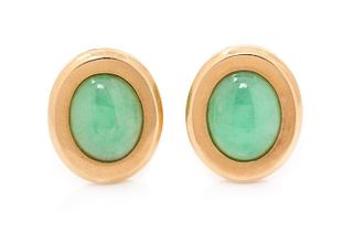A Pair of 14 Karat Yellow Gold and Jade Earclips, 5.40 dwts.