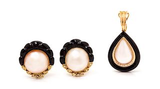 A Collection of 14 Karat Yellow Gold, Mabe Pearl, Diamond and Onyx Jewelry, 17.60 dwts.