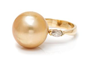 A Yellow Gold, Cultured Golden South Sea Pearl and Diamond Ring, 5.80 dwts.