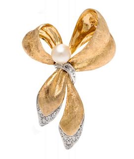 A 14 Karat Yellow Gold, Cultured Pearl and Diamond Bow Brooch, 6.00 dwts.