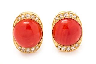 A Pair of 18 Karat Yellow Gold, Coral and Diamond Earclips, 8.50 dwts.