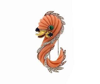 French 18k Gold Diamond Coral Sapphire Emerald Swan Brooch