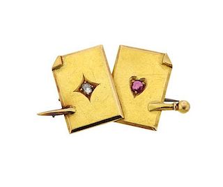Antique 14k Gold Diamond Red Stone Cards Brooch