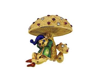 14k Gold Diamond Ruby Mushroom Gnome Brooch