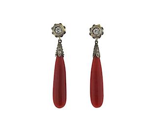 Art Deco 14k Gold Diamond Coral Drop Earrings