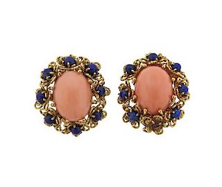 1960s 18k Gold Lapis Coral Earrings