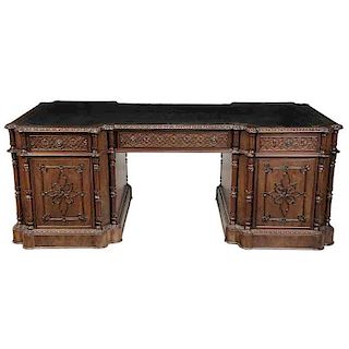 Gothic Style Carved and Figured Pedestal Desk
