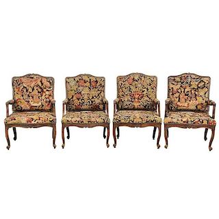 Four Period Louis XV Walnut Open Arm Chairs