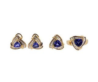 14K Gold Diamond Tanzanite Earrings Ring Pendant Suite
