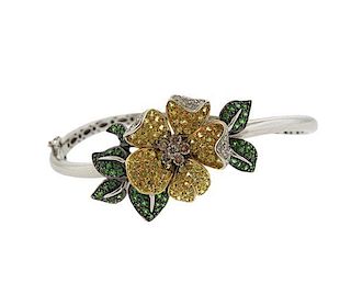 18K Gold Diamond Green Yellow Stone Bangle Bracelet
