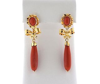 18K Gold Coral Drop Bow Earrings