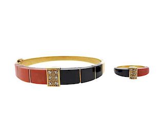 18K Gold Diamond Red Black Stone Bracelet Ring Set