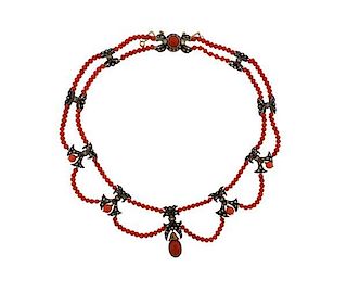 18K Gold Silver Diamond Red Stone Lavalier Necklace