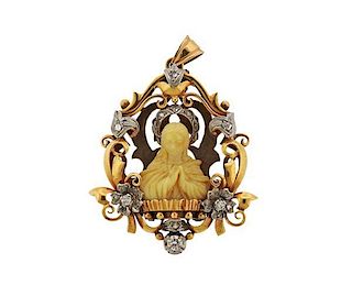 Antique 18K Gold Platinum Diamond White Stone Religious Pendant