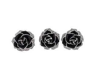 18K Gold Diamond Onyx Rose Earrings Ring Set