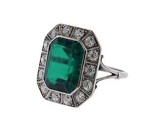 Platinum Diamond Green Stone Ring