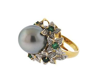 18K Gold Diamond Pearl Green Stone Ring