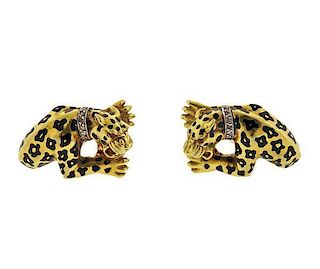 18K Gold Diamond Red Stone Enamel Leopard Earrings