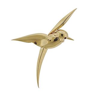 Retro  14K Gold Red Stone Bird Brooch Pin