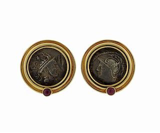 Large 18k Gold Coin Ruby Earrings