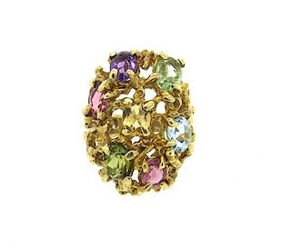 1970s 14k Gold Multi Color Gemstone Free Form Ring